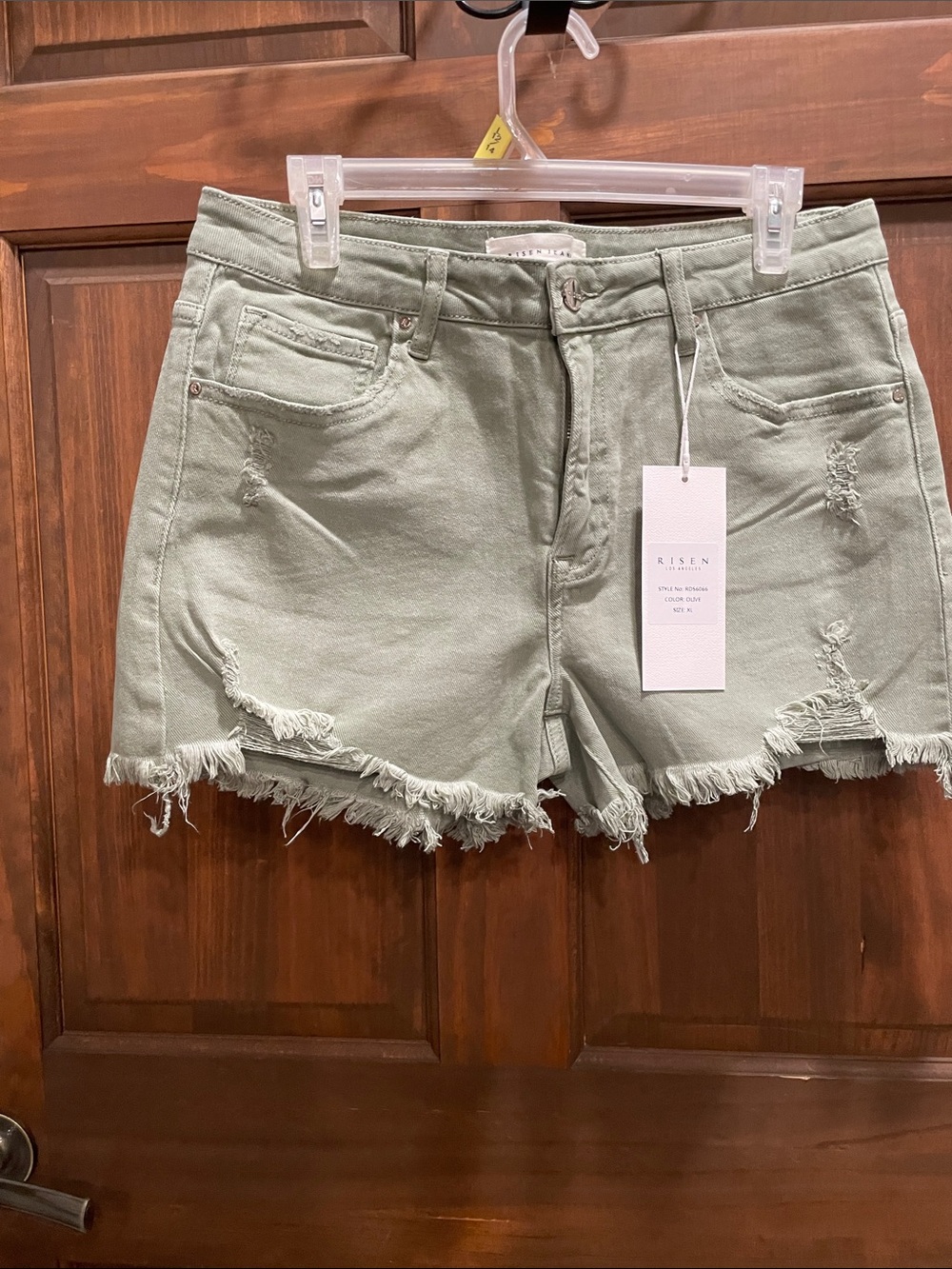 Risen Sage Green Frayed Hem Distressed Denim Shorts